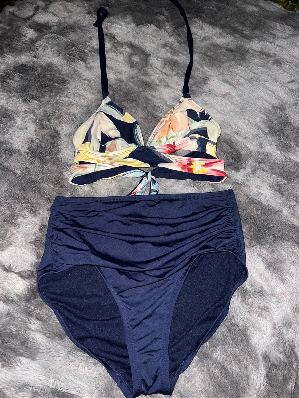 Navy Floral Tie-Front High-Waist Bikini - Women Swim